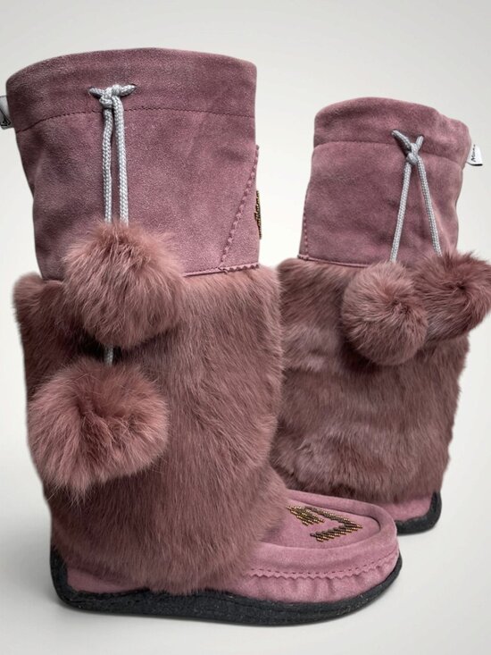 Muks Shoes - Muks Suede Leather Rabbit Fur Beaded Mukluks Mauve Pink Winter Boots Women's 7